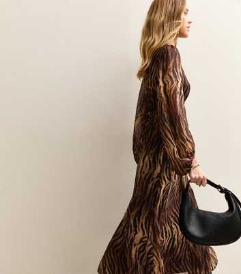 Brown Chiffon Zebra Print Long Sleeve Midi Dress