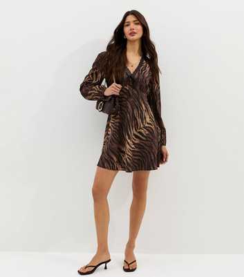 Brown Zebra Pint Lace Trim Mini Dress