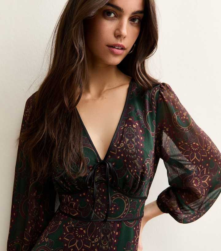 Boho Paisley Paisley Chiffon Dress Green Paisley Chiffon Mini Dress New Look