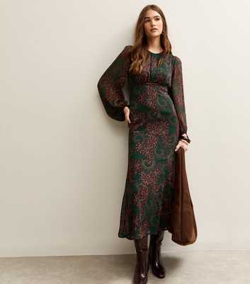Dark Green Paisley Long Sleeve Midi Dress