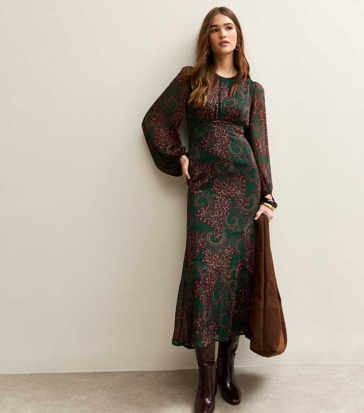 Dark Green Paisley Long Sleeve Midi Dress