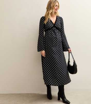 Maternity Black Polka Dot Velvet Trim Midi Dress
