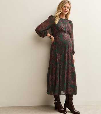 Maternity Dark Green Paisley Chiffon Midi Dress