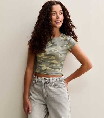 Girls Green Camo Short Sleeve Baby Tee Top