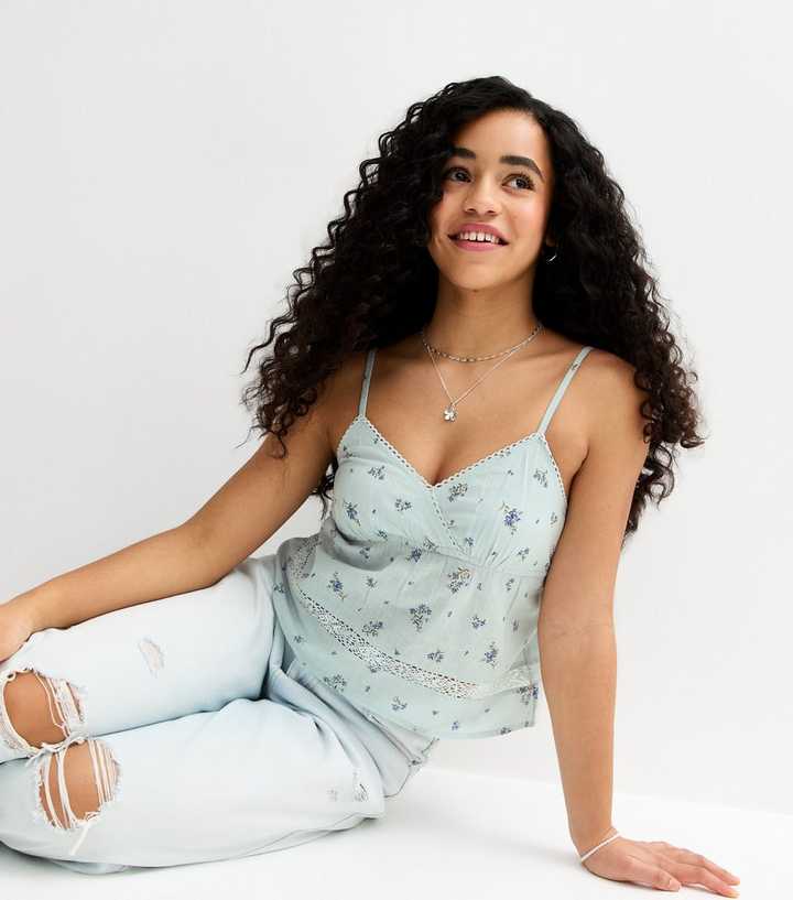 Girls Blue Cotton Floral Babydoll Cami Top