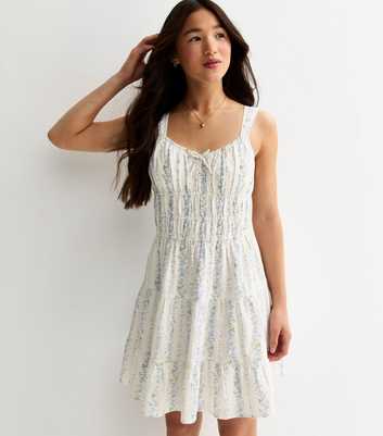 Girls White and Blue Floral Ruched Mini Dress
