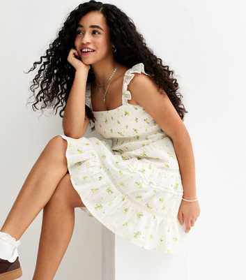 Girls White Floral Print Textured Dress
