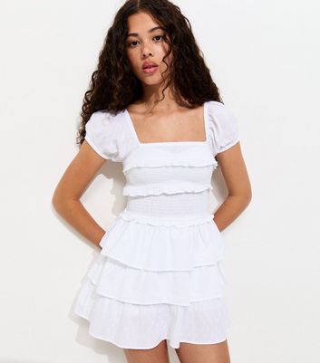 Girls White Puff Sleeve Rara Mini Dress