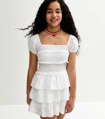 Girls White Puff Sleeve Rara Mini Dress