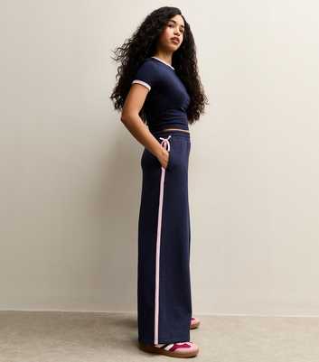 Girls Navy Side Stripe Wide Leg Joggers