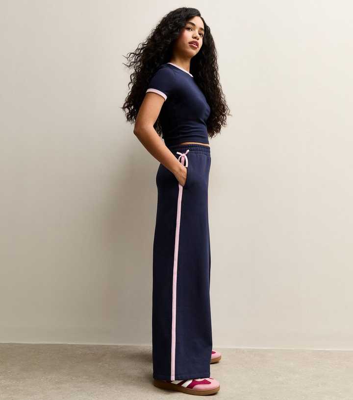 Girls Navy Side Stripe Wide Leg Joggers