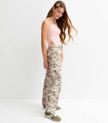 Girls Pink Cotton Camo Print Cargo Trousers