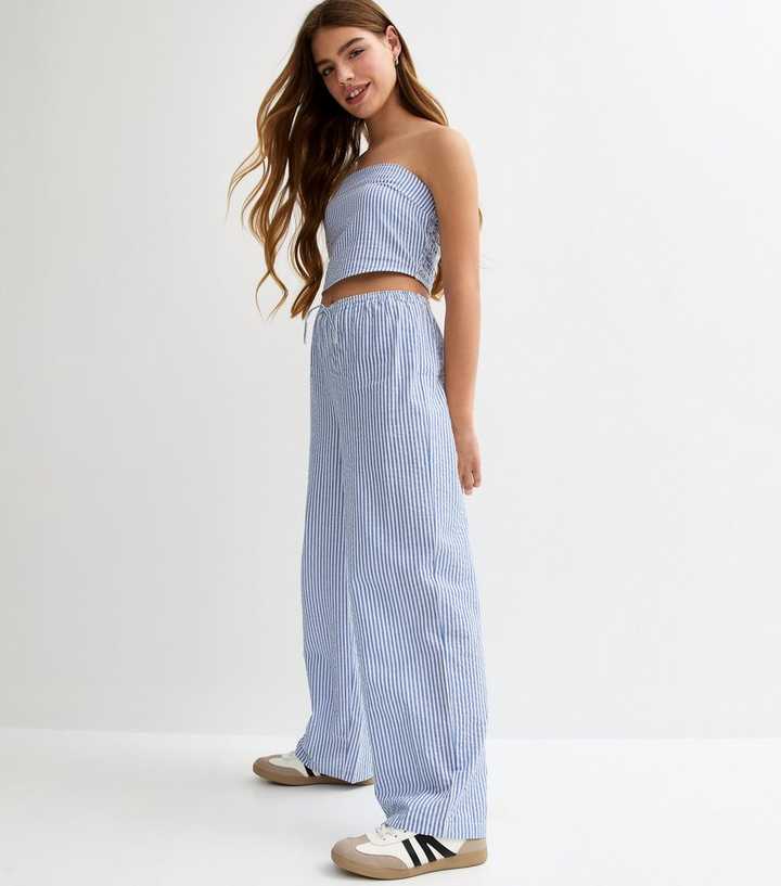 Girls Blue Stripe Seersucker Trousers