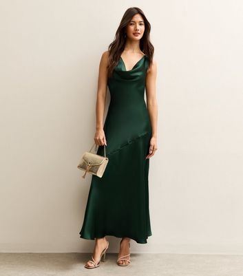 Dark Green Satin Cowl Neck Miidi Dress | New Look