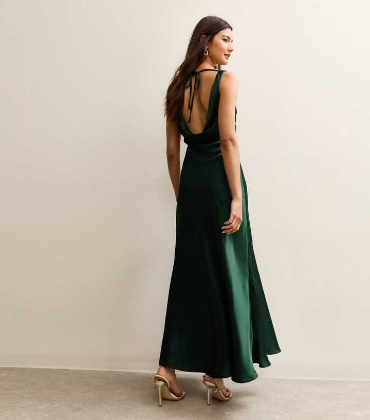 Dark Green Satin Cowl Neck Miidi Dress | New Look