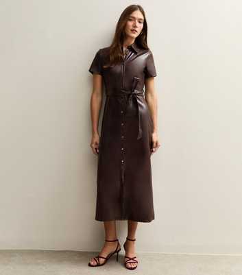 Dark Brown Faux Leather Shirt Midi Dress