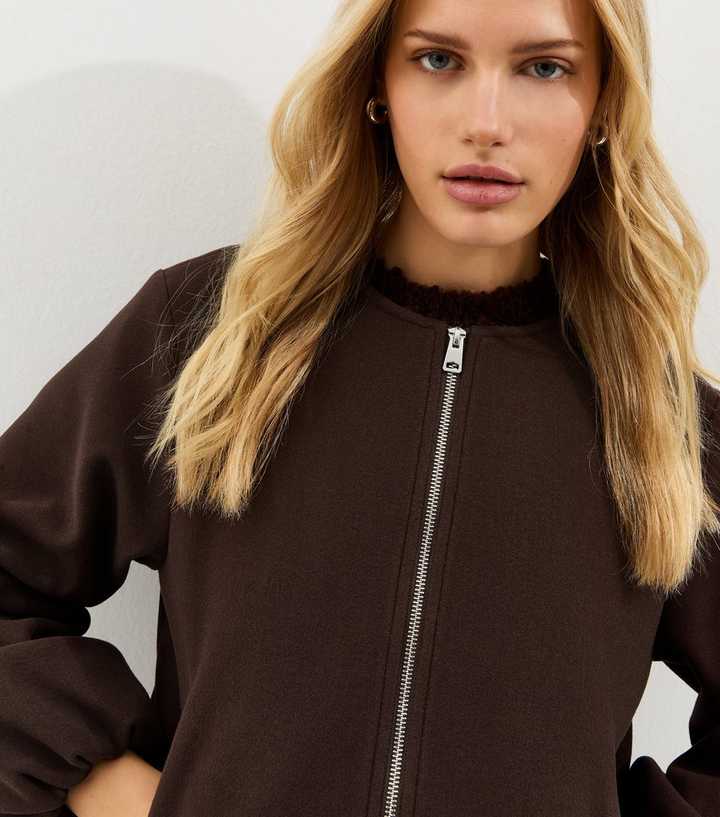Brown Collarless Zip Through Bomber Jacket