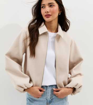Cream Zip Through Collared Bomber Jacket