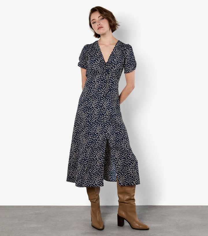 Apricot Navy Tie Front Animal Print Midi Dress