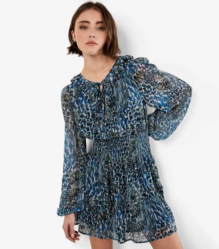 Apricot Green Feather Print Chiffon Mini Dress