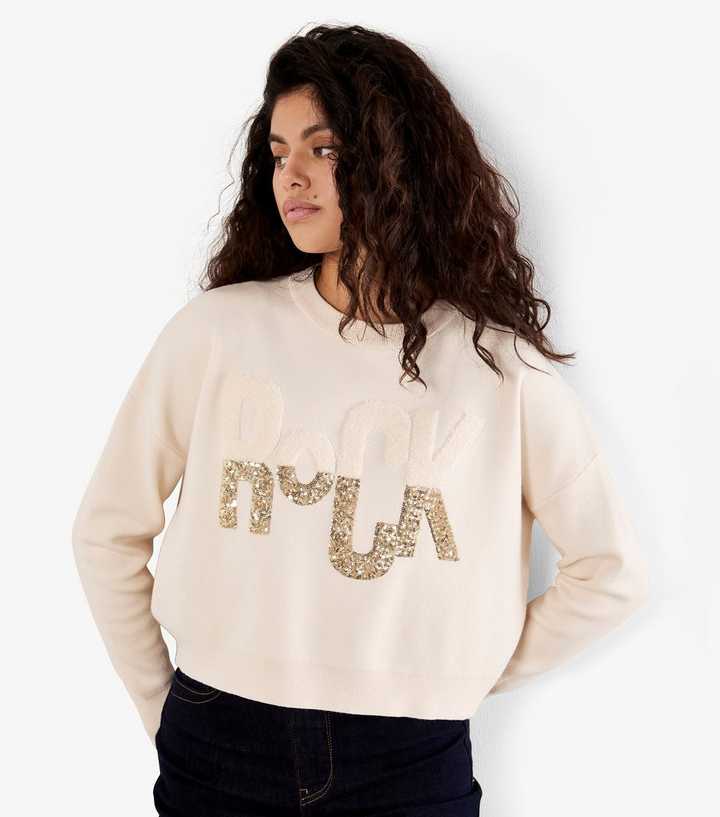 Apricot Cream Rock Slogan Cropped Jumper