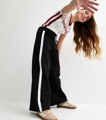 Girls Black Foldover Waist Super Wide Leg Joggers