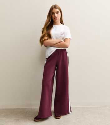 Girls Dark Burgundy Contrast Trim Wide Leg Joggers
