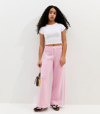 Girls Pink Fold Over Waistband Super Wide Leg Joggers