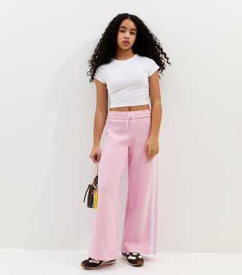 Girls Pink Fold Over Waistband Super Wide Leg Joggers