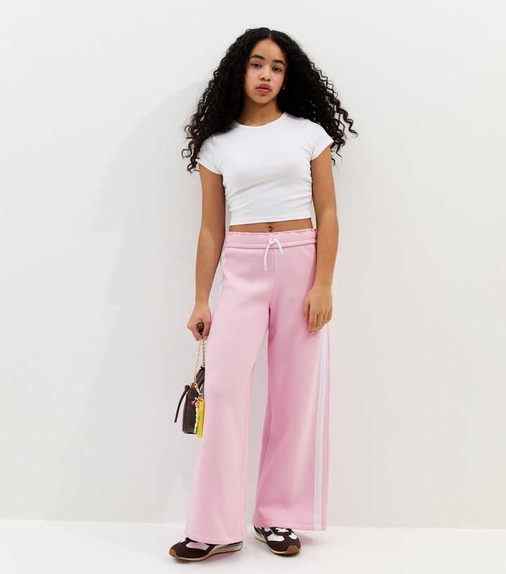 Girls Pink Fold Over Waistband Super Wide Leg Joggers