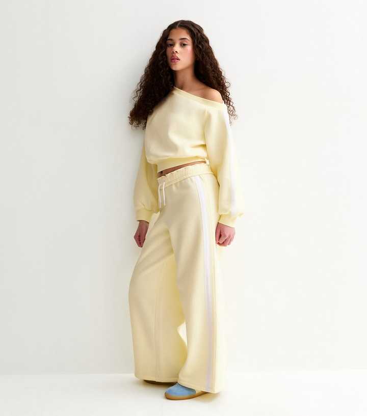 Girls Light Yellow Foldover Waist Super Wide Leg Joggers