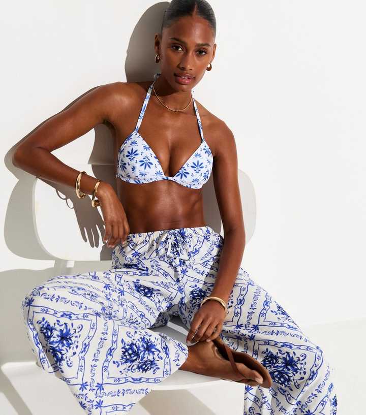 Blue Floral Print Moulded Halter Neck Bikini Top