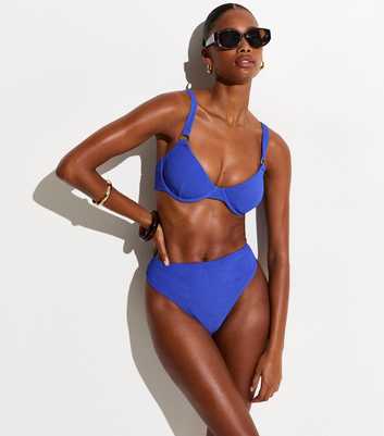 Blue Crinkle Textured High Waist Bikini Briefs