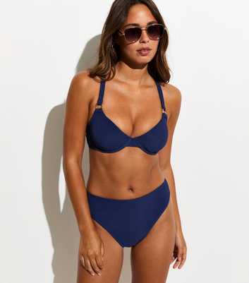 Navy Crinkle Textured High Waist Bikini Briefs