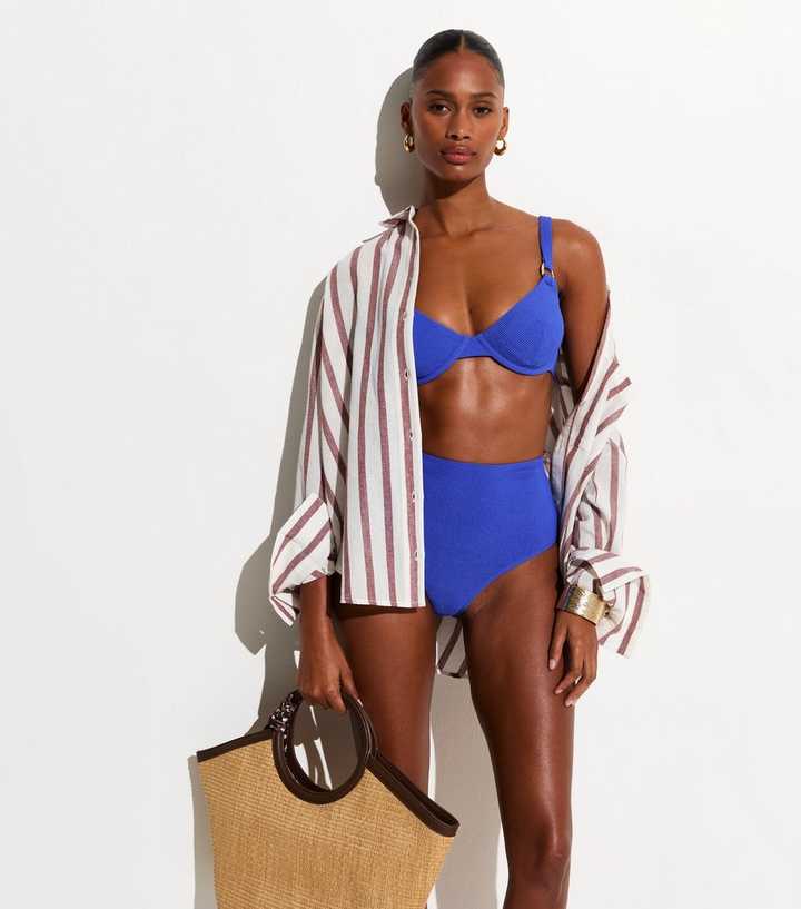 Blue Crinkle Textured High Waist Bikini Briefs