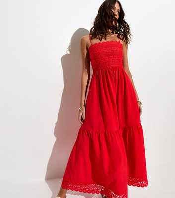 Bright Red Crochet Panel Beach Maxi Dress