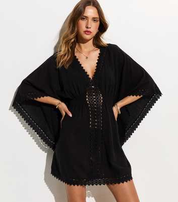Black Cotton Crochet Trim Beach Kaftan Dress