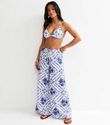Petite Blue Floral Beach Wide Leg Trousers