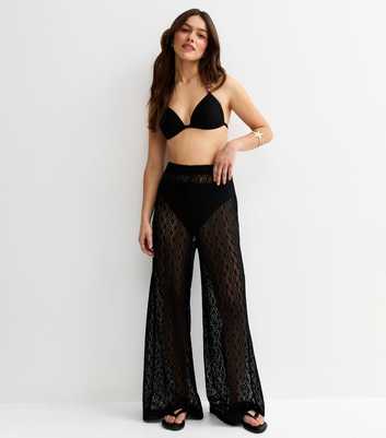 Petite Black Crochet Beach Wide Leg Trouser
