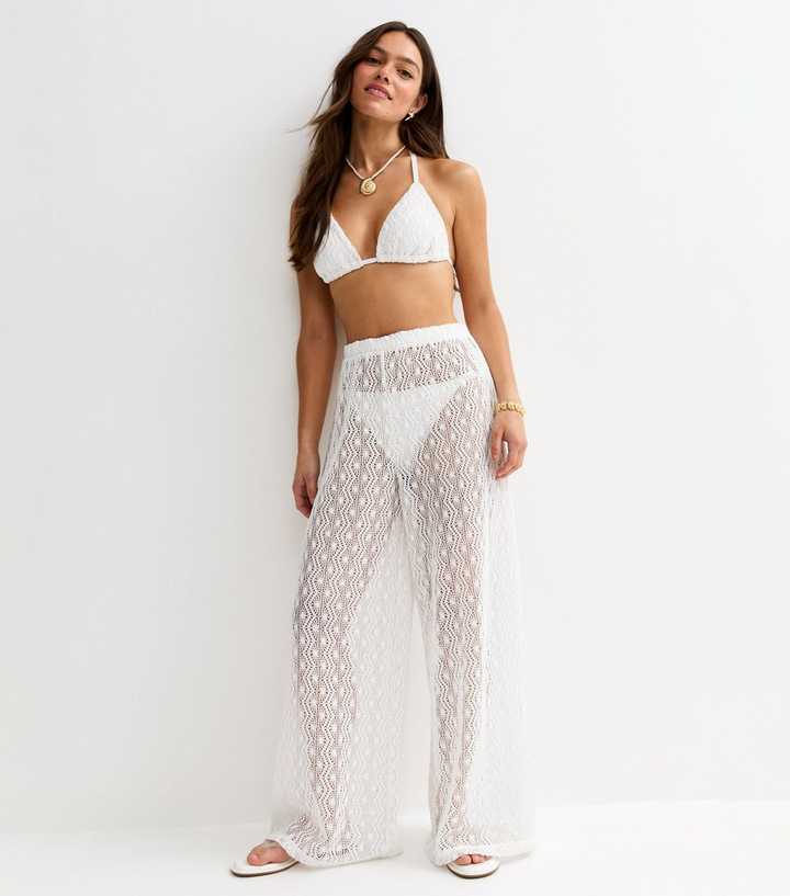 Petite White Crochet Beach Wide Leg Trouser