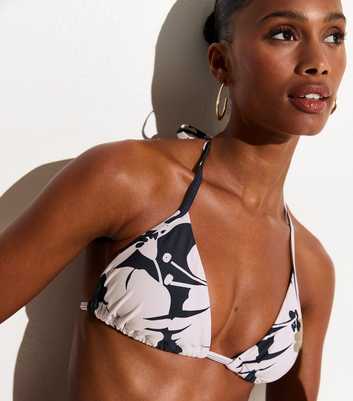 Black Hibiscus Print Triangle Bikini Top
