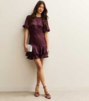 Purple Feather Effect Jacquard Satin Mini Dress