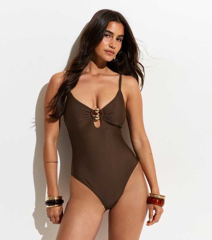 Brown Tummy Control Double Bead Keyhole Swimsuit