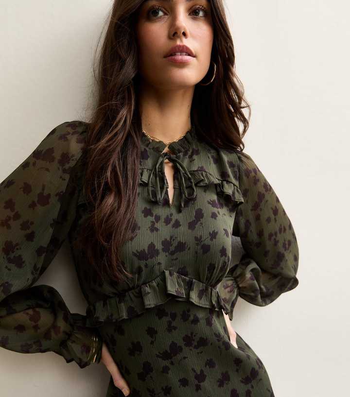 Khaki Floral Long Sleeve Frill High Neck Mini Dress | New Look