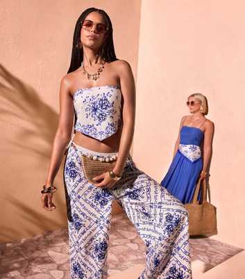 White Tile Pattern Beach Wide Leg Trousers