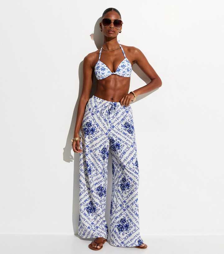 White Tile Pattern Beach Wide Leg Trousers