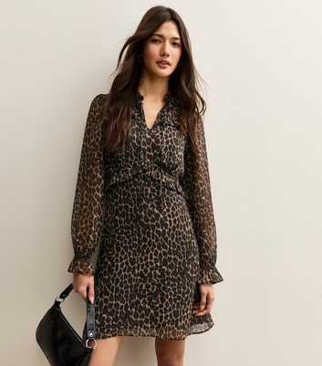 Brown Animal Print Long Sleeve Frill High Neck Mini Dress