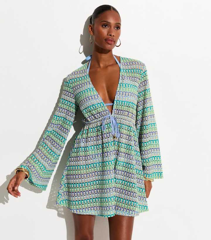 Blue Crochet Flared Sleeve Kaftan Beach Dress