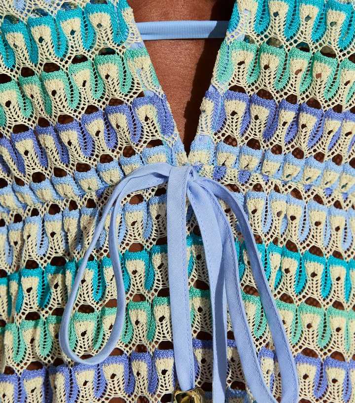 Blue Crochet Flared Sleeve Kaftan Beach Dress | New Look