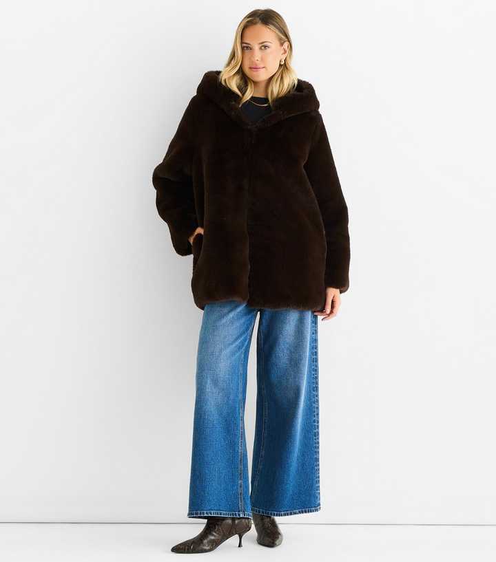 Gini London Mid Brown Faux Fur Hooded Coat